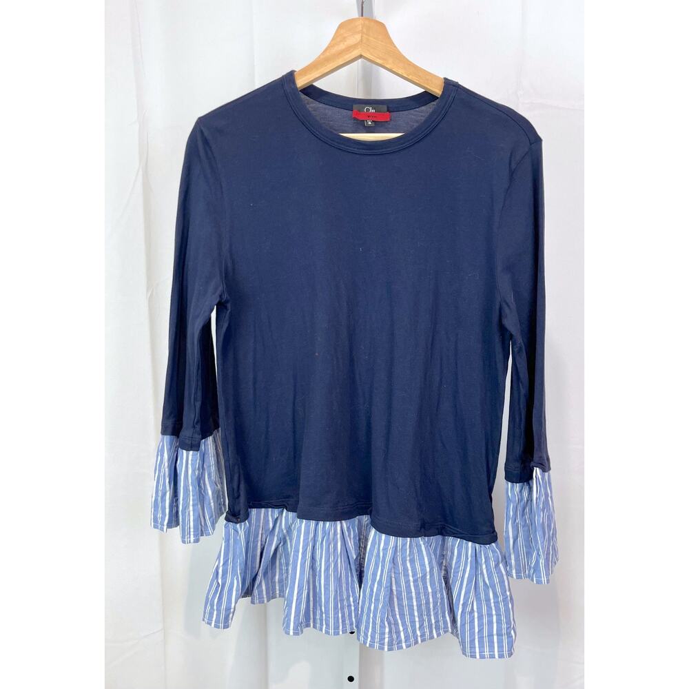 CLU Ikram Size S Layered Look Top 3/4 Sleeve Ruffle Cuff Hem USA Blue